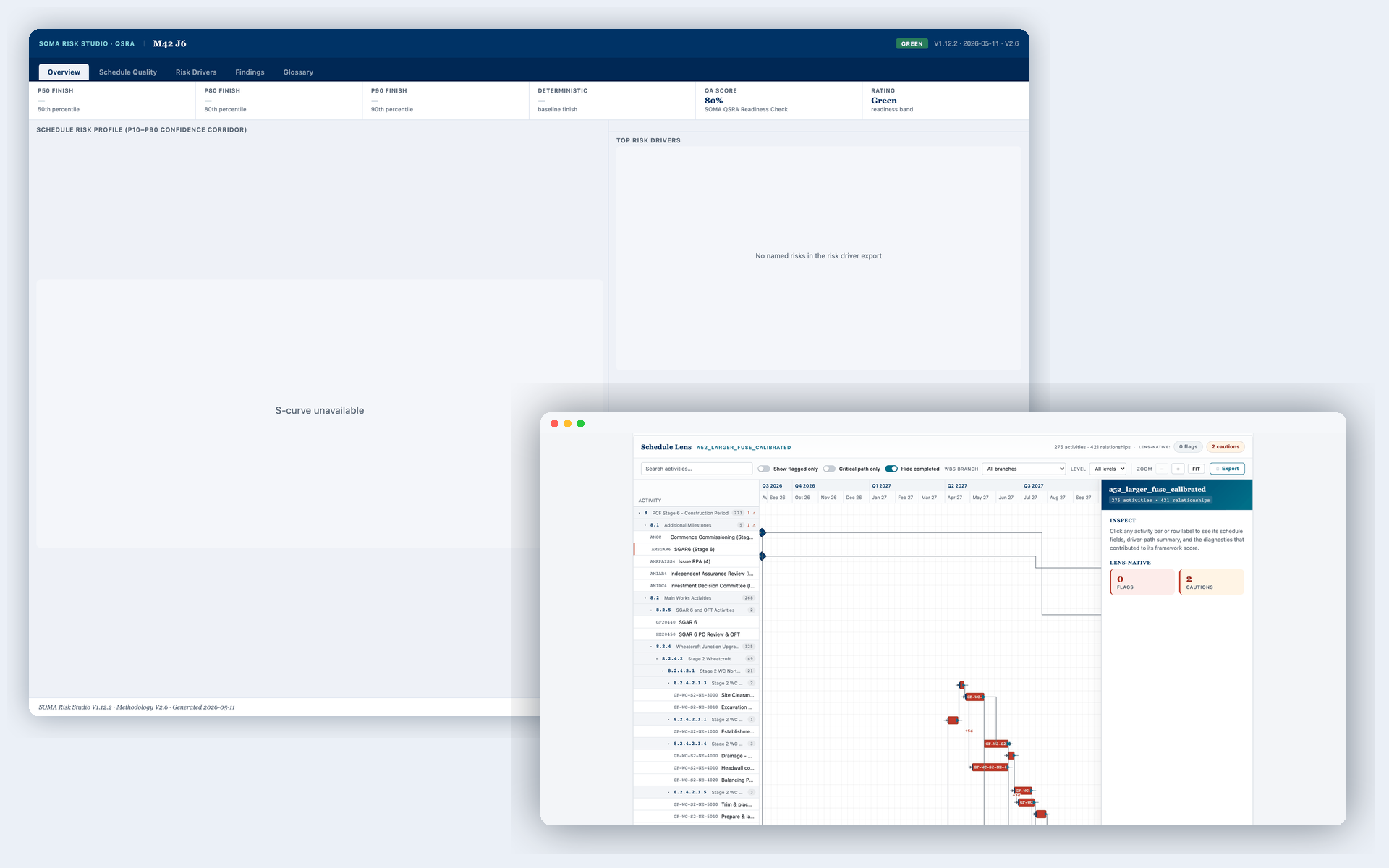 SOMA Risk Studio: Weblink deliverable dashboard behind, Schedule Lens diagnostic view in front — one toolkit covering input validation through to client-ready output