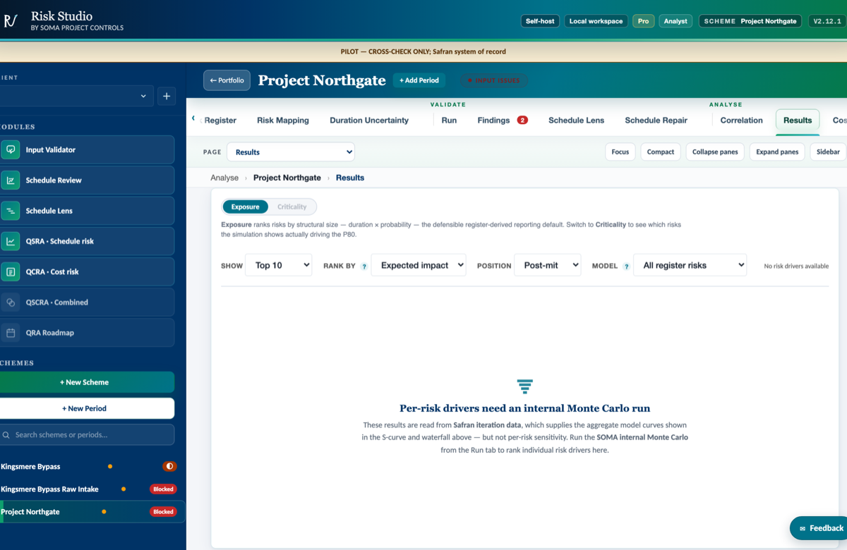 Risk Studio tornado chart: Spearman rank-correlation risk drivers for a fictional reference scheme